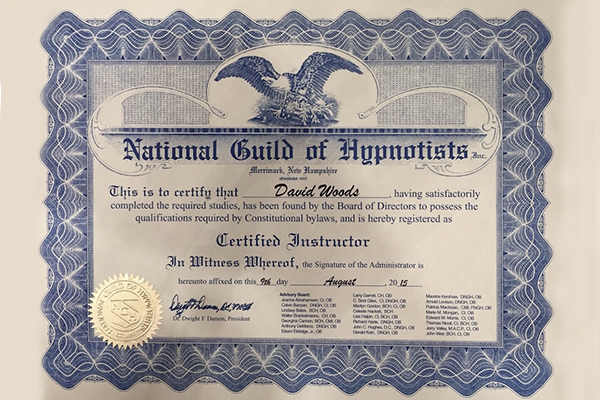 David J. Woods Hypnose NGH Urkunde: Zertifizierter Ausbilder für Hypnose