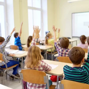 education, elementary school, learning and people concept - group of students raising hands on lesson in classroom